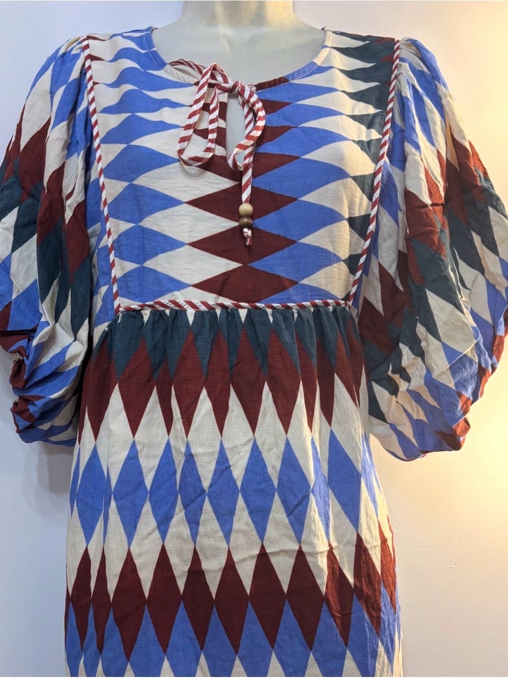G&Co Diamond-Print Puff-Sleeve Midi Dress in Blue, Rust & Cream - Picture 6 of 7